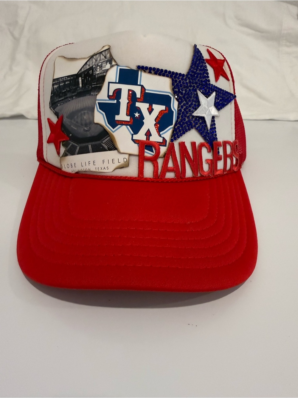 Texas Rangers Custom Made Red & White Embellished Trucker Hat